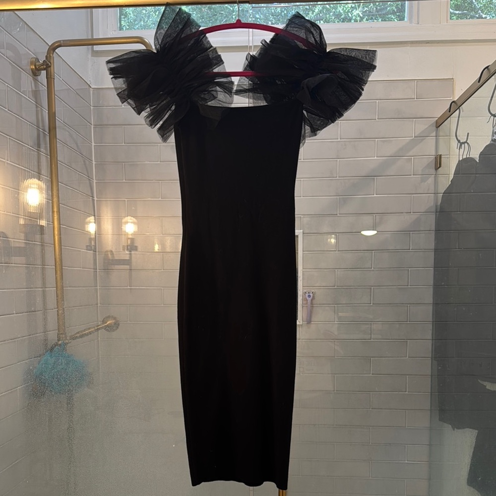 Lush Black Ruffled Sheath Dress Square Neck Midi ( Audrey Hepburn vibes)